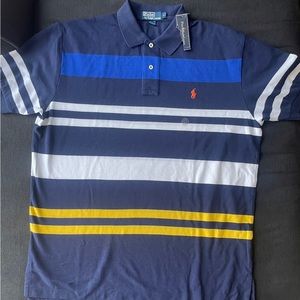 Ralph Lauren Polo - Navy - White, blue, yellow striped- Orange Polo logo - Sz LG